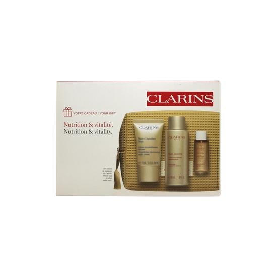 Clarins Nutri-Lumiere Gift Set 50ml Day Cream + 15ml Night Cream + Cryo-Flash Cream Mask + 10ml Treatment Essence + Bag