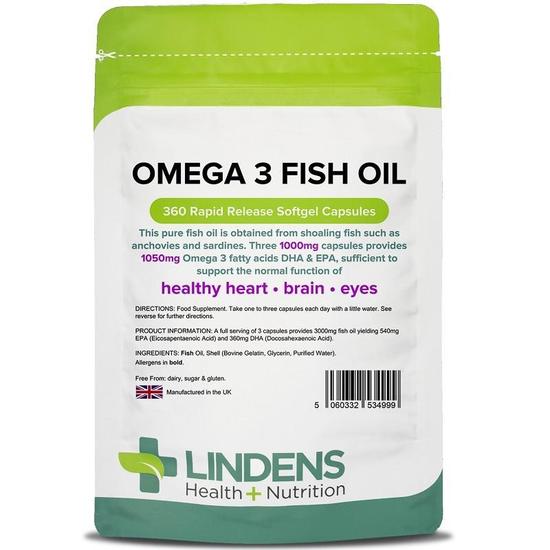 Lindens Omega 3 Fish Oil% DHA/EPA Capsules 360 30 Capsules