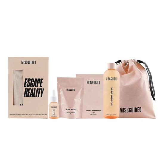 Missguided Escape Reality Bath & Body Gift Set Bath Oil 30ml + Bath Salts 100g + Under Eye Mask + Bubble Bath 200ml + Drawstring Bag