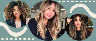 Three photos of women with balayage hair colour on a green background