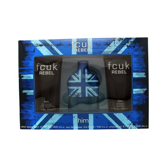FCUK Rebel For Him Gift Set 100ml Eau De Toilette + 200ml Shower Gel + 200ml Aftershave Balm
