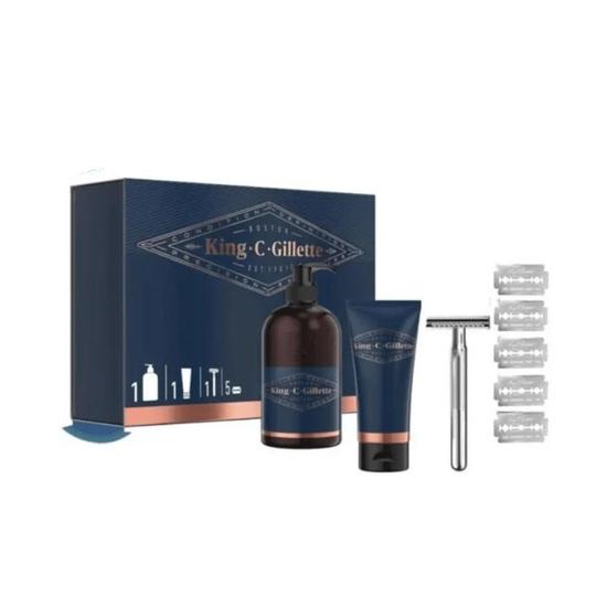 Gillette King C Shave Trial Kit 8 Piece Gift Set Razor + 150ml Shave Gel + 5 Blades + 350ml Beard Wash