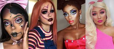 four images of various doll inspired halloween makeup looks