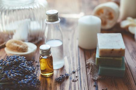 Natural spa products and decor for bath on a wooden desk, <a href=