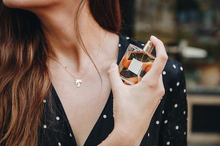 woman applying fragrance to neck