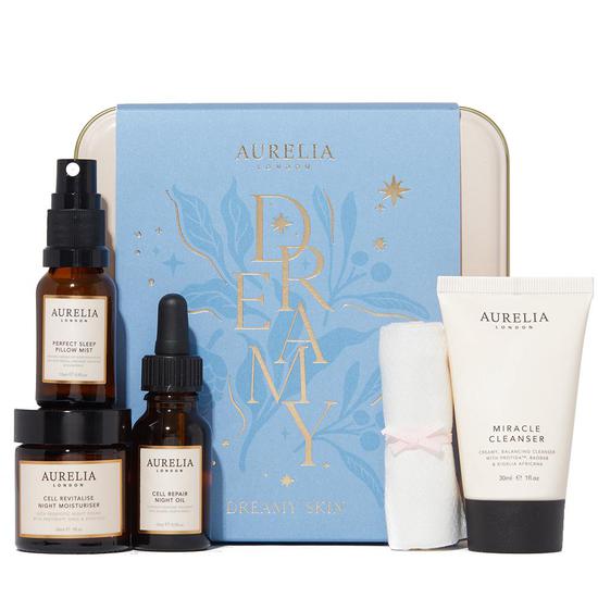 Aurelia London Dreamy Skin Set 30ml Miracle Cleanser, Single Muslin, 15ml Pillow Mist, 15ml Repair Night Oil, 30ml Revitalise Night Moisturiser