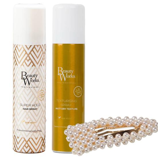 Beauty Works Styling Sensation Christmas Cracker Super Hold Hairspray + Texturizing Spray + Pearl Clip