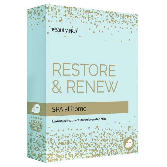 BeautyPro Spa At Home: Restore & Renew Set 1 Rejuvenating Sheet Mask, 1 Nourishing Sheet Mask, 1 Detoxifying Mask, 1 Eye Therapy & 1 Black Peel Charcoal mask