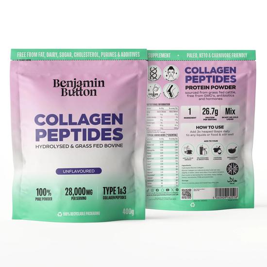 Benjamin Button Collagen Powder Hydrolysed Bovine Collagen Peptides 95% Protein, High In Glycine & Proline Unflavoured, Keto & Paleo Friendly, Skin, Hair, Joints & Bones Support Benjmain Button