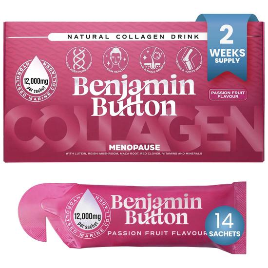 Benjamin Button Menopause Collagen Passionfruit Sachets Pack 12, 000mg Marine Collagen With Red Clover, Vitamins & Maca