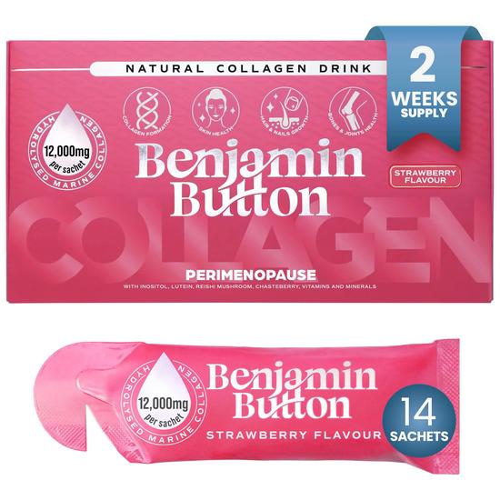 Benjamin Button Perimenopause Collagen Strawberry Sachets Pack 12, 000mg Marine Collagen With Chasteberry, Vitamins & Hyaluronic Acid