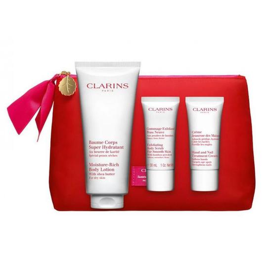Clarins Body Care Essentials Moisture-Rich Body Lotion + Exfoliating Body Scrub + Hand & Nail Treatment Cream