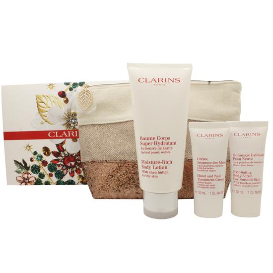 Clarins Body Care Gift Set 200ml Moisture Rich Body Lotion + 30ml Hand & Nail Treatment Cream + 30ml Exfoliating Body Scrub + Wash Bag