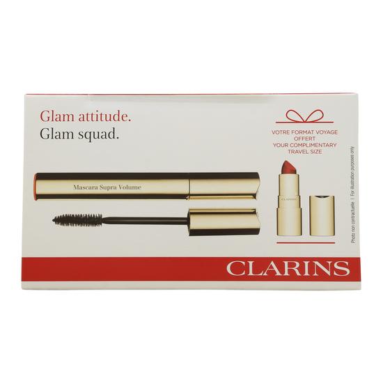 Clarins Glam Attitude Gift Set 8ml Super Volume Mascara 01 Intense Black + 1.5g Joli Rouge Velvet Lipstick 742