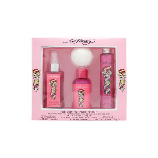 Ed Hardy Women Gift Set 100ml Body Mist + 50ml Body Wash + 50ml Body Lotion + 75g Bath Fizz