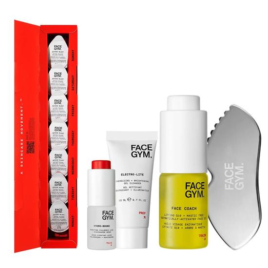 FaceGym Collagen Boost Routine 1 x Contouring Tool, Storage Pouch, 30ml Coach Facial Oil, 30ml Brightening Gel Cleanser, 15ml Daily Serum & 7x Collagen Boosters