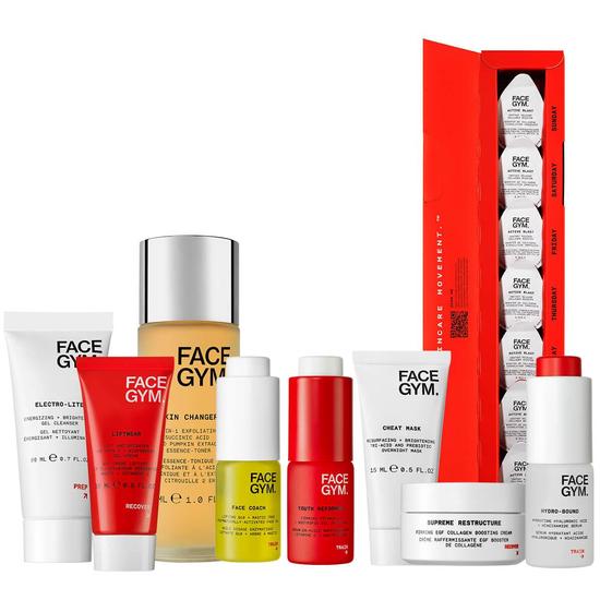 FaceGym Skin Care Discovery Routine 20ml Gel Cleanser, 15ml Essence-Toner, 7x Collagen Boosters, 15ml Daily Serum, 15ml Reformer Serum, 15ml Liftwear Moisturiser, 15ml Facial Oil, 15ml Cheat Mask & 15ml Firming Moisturiser