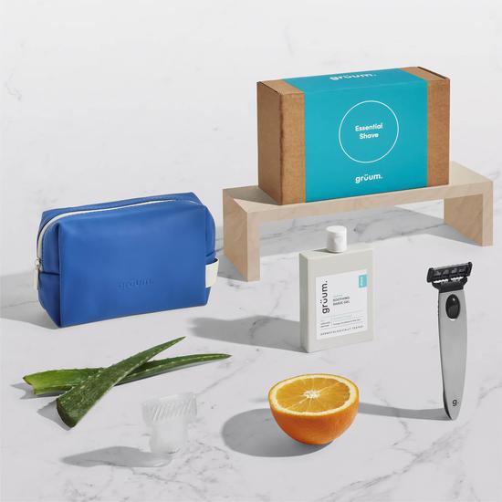 grüum Essential Shave Gift Set 1 x Washbag, 120ml Clear Shave Gel, 5-Blade Cartidge Trimmer, & Premium Razor Handle
