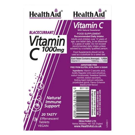 Health Aid Vitamin C 1000mg Effervescent Blackcurrant Flavour Tablets