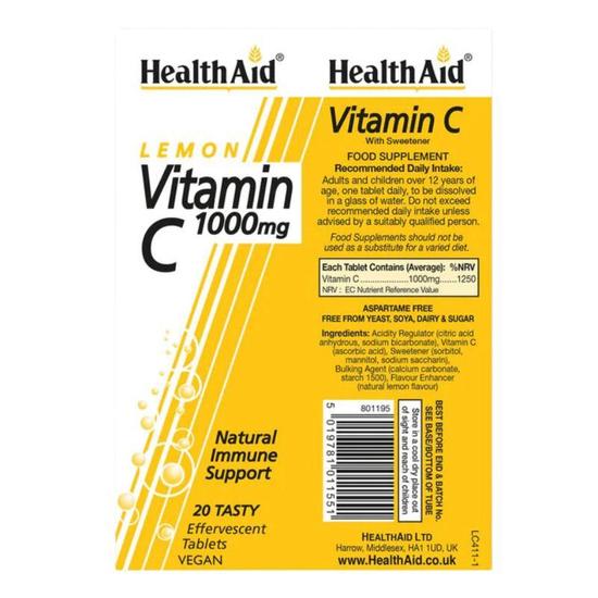 Health Aid Vitamin C 1000mg Effervescent Lemon Flavour Tablets 20 Tablets