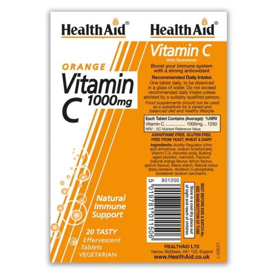 Health Aid Vitamin C 1000mg Orange Effervescent Tablets 20 Tablets