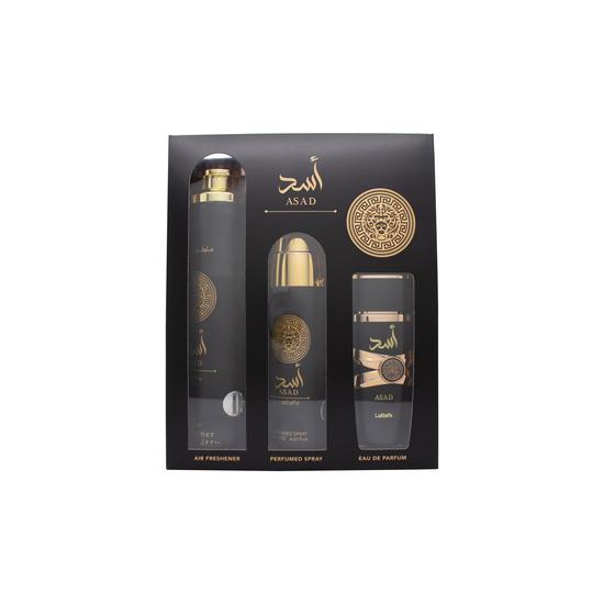 Lattafa Asad Gift Set 100ml Eau De Parfum + 200ml Perfume + 300ml Air Freshener