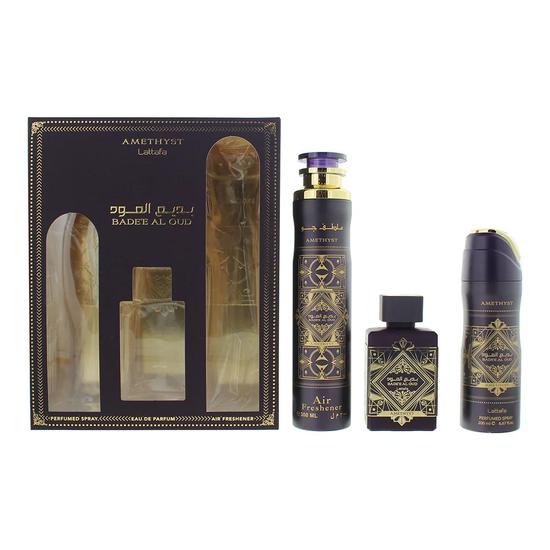 Lattafa Bade'e Al Oud Amethyst Gift Set: Eau De Parfum Air Fresh 3 Piece