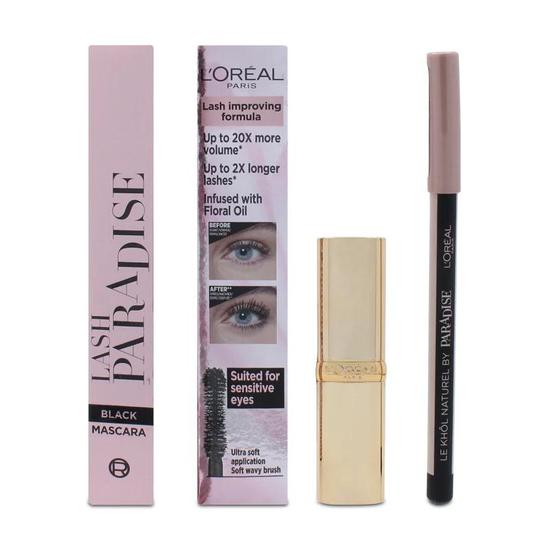 L'Oreal Paris Black Mascara Eyeliner Lipstick 235 Set I Am Worth It Nudes