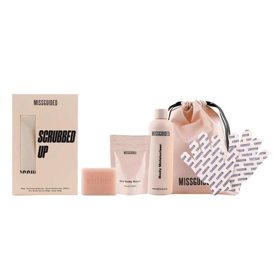 Missguided Scrubbed Up Bath & Body Gift Set Exfoliating Gloves + Body Moisturiser 200ml + Dry Body Scrub 100ml + Soap 120g + Drawstring Bag