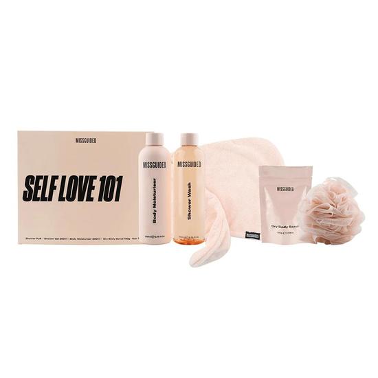 Missguided Self Love 101 Body & Hair Gift Set Shower Gel 200ml + Body Moisturiser 200ml + Hair Towel + Shower Puff + Dry Body Scrub 100ml