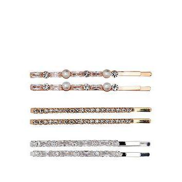 Mood 2 Tone Plated 6 Pack Mini Crystal & Pearl Hair Slides