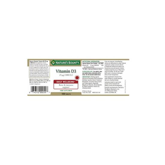 Nature's Bounty Vitamin D3 25ug 1000iu Tablets