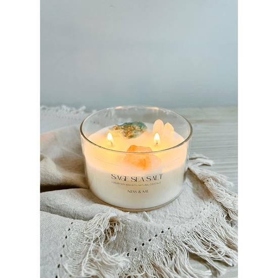 Ness & Me Luxury 2-Wick Crystal Soy Wax Candle Sage Sea Salt 280g