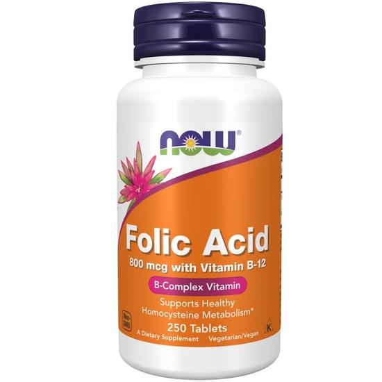 NOW Foods Folic Acid With Vitamin B12 800mcg Tablets 250 Tablets