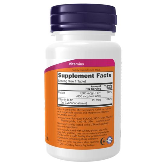 NOW Foods Folic Acid With Vitamin B12 800mcg Tablets 250 Tablets