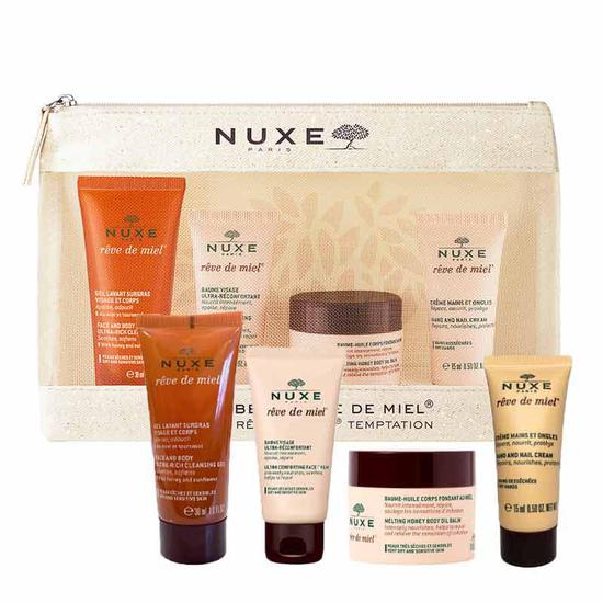 nuxe reve de miel travel kit rêve de miel ultra-rich cleansing gel + ultra-comforting face balm + melting honey body oil balm + hand & nail cream