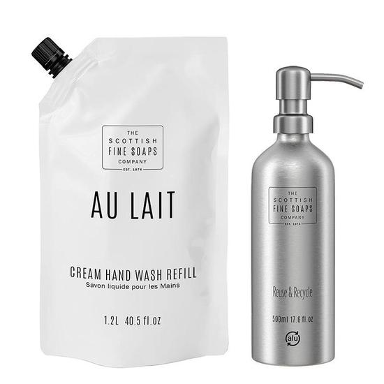 Scottish Fine Soaps Au Lait Hand Wash Refill Pouch & Free Refillable Aluminium Bottle With Pump Duo