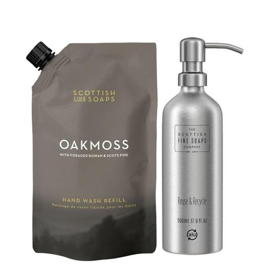 Scottish Fine Soaps Oakmoss Hand Wash Refill 1.2ltr Pouch & Refillable Aluminium Bottle With Pump Duo