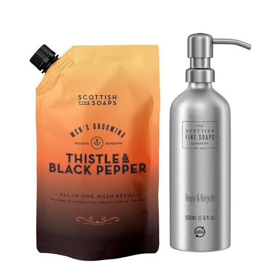 Scottish Fine Soaps Thistle & Black Pepper All In One Wash Refill 1.2ltr Pouch & Refillable Aluminium Bottle With Pump Duo