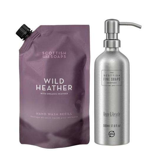 Scottish Fine Soaps Wild Heather Hand Wash Refill 1.2ltr Pouch & Refillable Aluminium Bottle With Pump Duo
