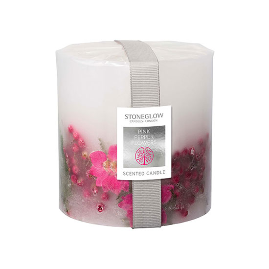 Stoneglow Pink Pepper Flowers Pillar Candle