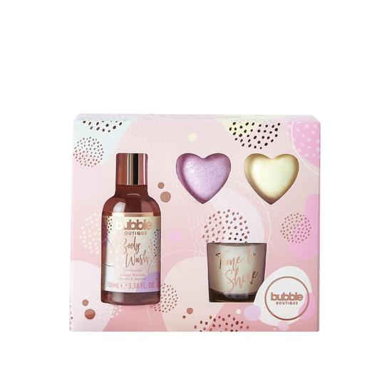 Style & Grace Bubble Boutique Relax & Bathe Gift Set 100ml Body Wash + Heart Bath Fizzer + 30g Candle + Votive