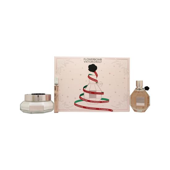 VIKTOR&ROLF FlowerBomb Christmas Edition Gift Set 100ml Eau De Parfum + 10ml Eau De Parfum Travel Spray + 200ml Body Cream