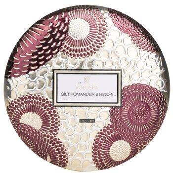 VOLUSPA 3 Wick Decorative Tin Candle Gilt Pomander & Hinoki 340g