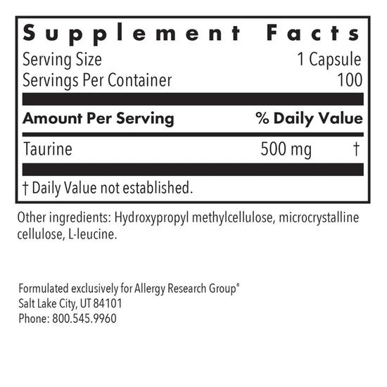 Allergy Research Group Taurine 500mg Capsules 100 Capsules