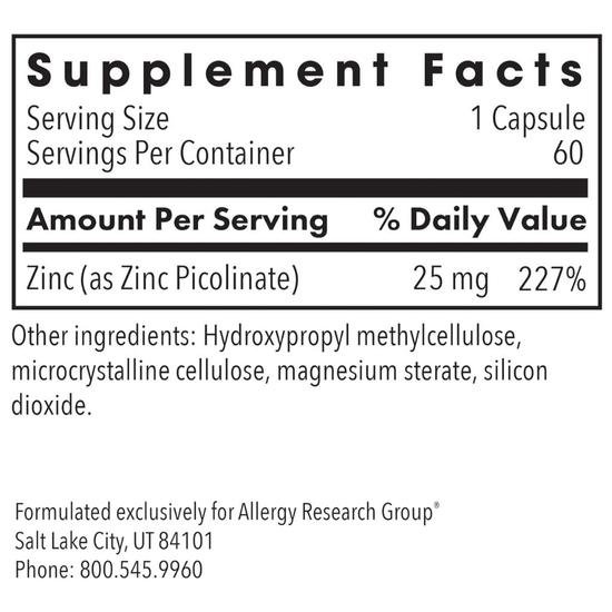Allergy Research Group Zinc Picolinate 25mg Capsules 60 Capsules