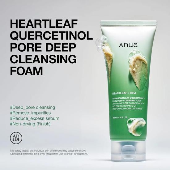 ANUA Heartleaf Quercetinol Pore Deep Cleansing Foam, Facial Cleanser, For Double Cleansing, BHA, Hyaluronic Acid, Glycerin, Face Wash, Blackhead Remover, Korean Skin Care,/5.07fl.oz 150ml