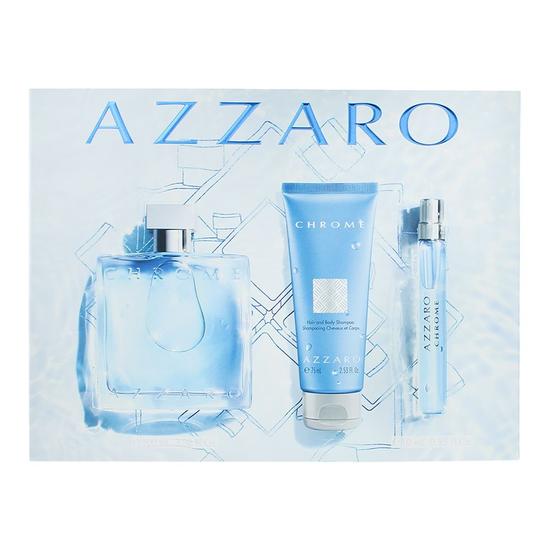 Azzaro Chrome Eau De Toilette 100ml, Eau De Toilette 10ml + Hair & Body Shampoo 75ml Gift Set 100ml
