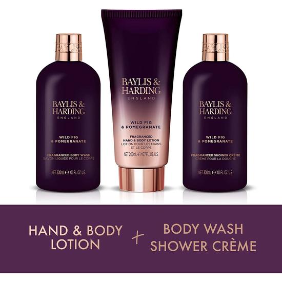 Baylis & Harding Limited Edition Wild Fig & Pomegranate Luxury Bathing Essentials Gift Set 300ml Body Wash, 300ml Shower Cream & 200ml Lotion