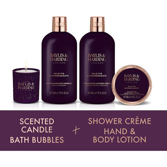 Baylis & Harding Limited Edition Wild Fig & Pomegranate Luxury Candlelit Bathtime Gift Set 2 x 300ml Bubble Bath, 300ml Shower Cream & 50ml Lotion
